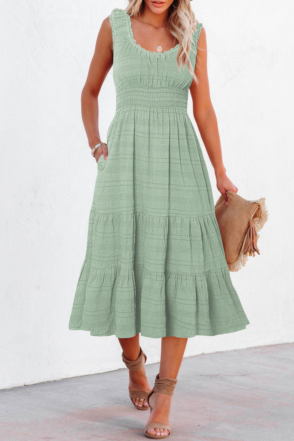 Rose sleeveless midi dress front styling view
