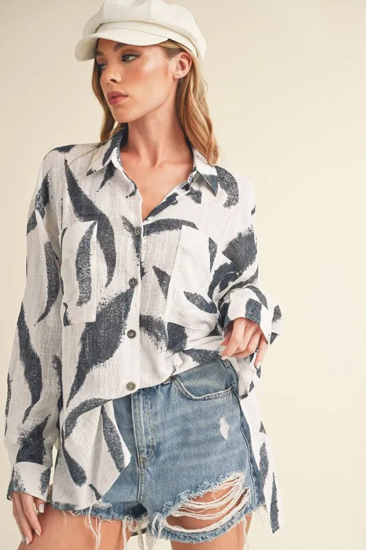 Printed button up long sleeve shirt front view