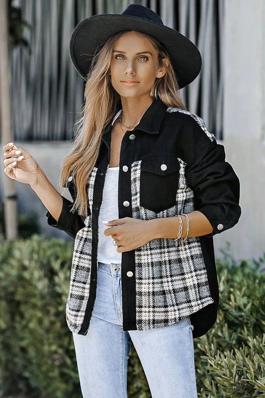 Plaid Pocketed Button Up Denim Jacket Black - Fashorio