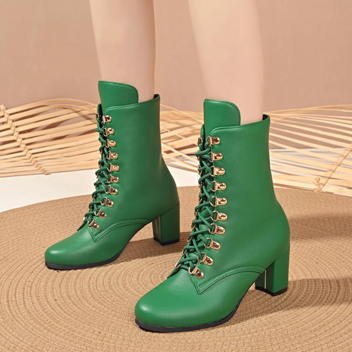 Lace up block heel boots heel detail