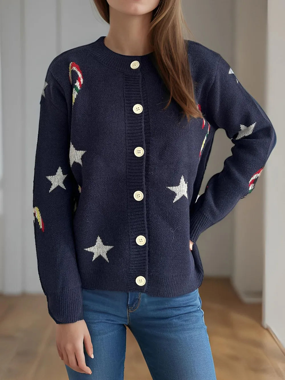 Candy Cane & Star Button Down Long Sleeve Cardigan - Fashorio