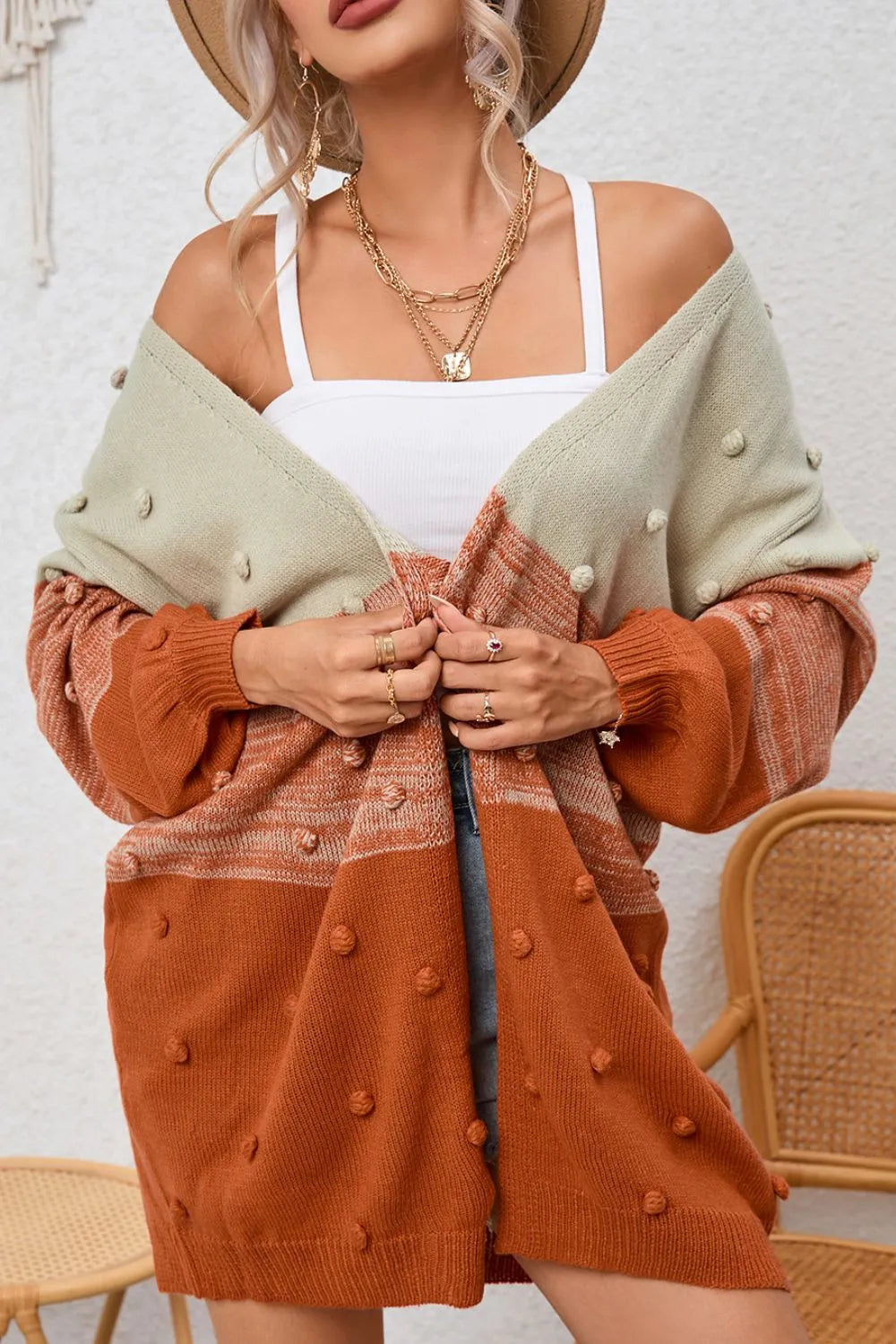 Pompom Color Block Open Front Cardigan - Fashorio