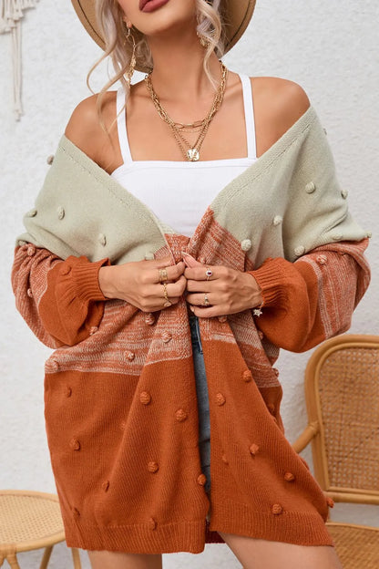 Pompom Color Block Open Front Cardigan - Fashorio