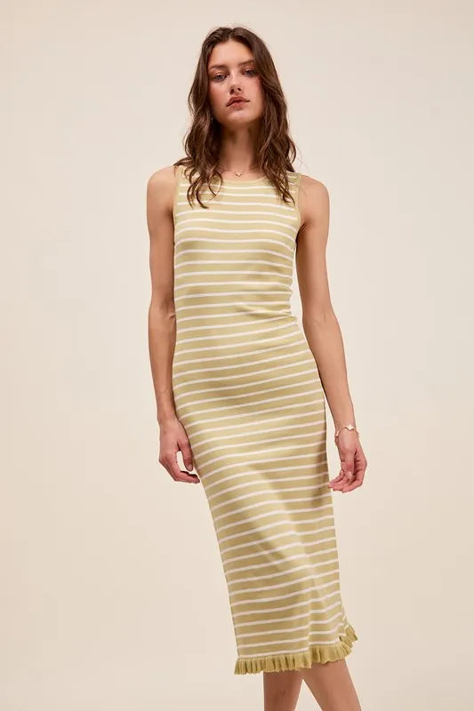 Striped Sleeveless Sweater Maxi Dress with Ruffled Hem back view