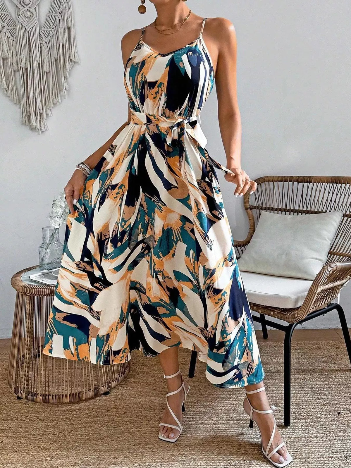 abstract print tie waist cami dress side view