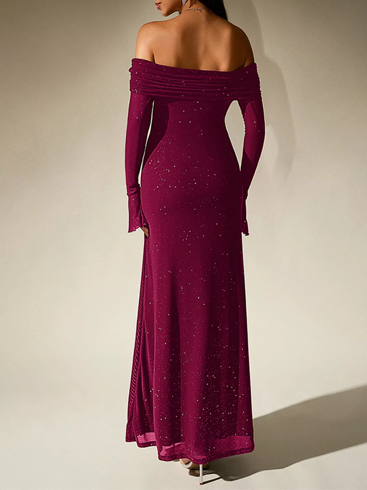 glitter off shoulder maxi dress detail view 27