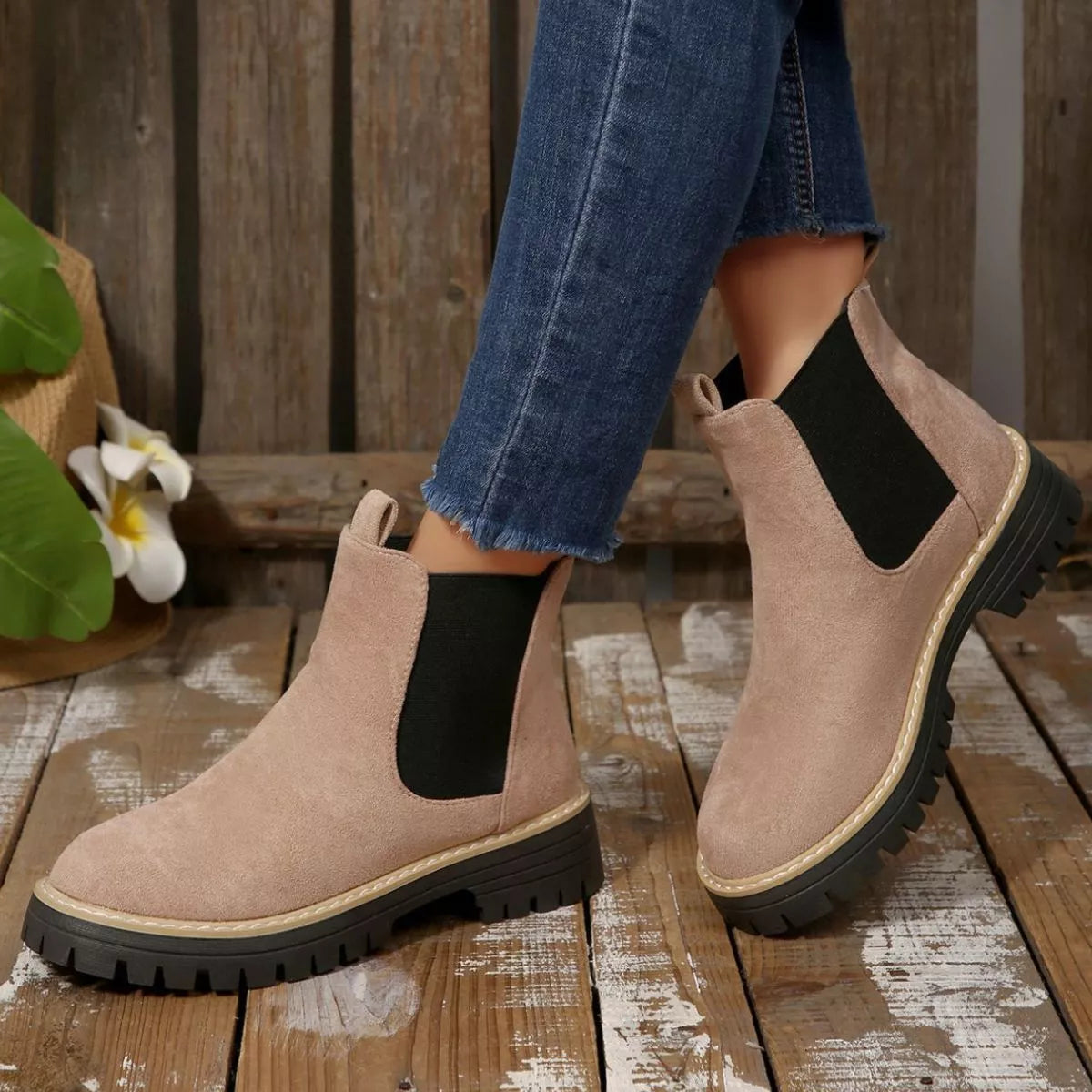 Round Toe Block Heel Boots in brown