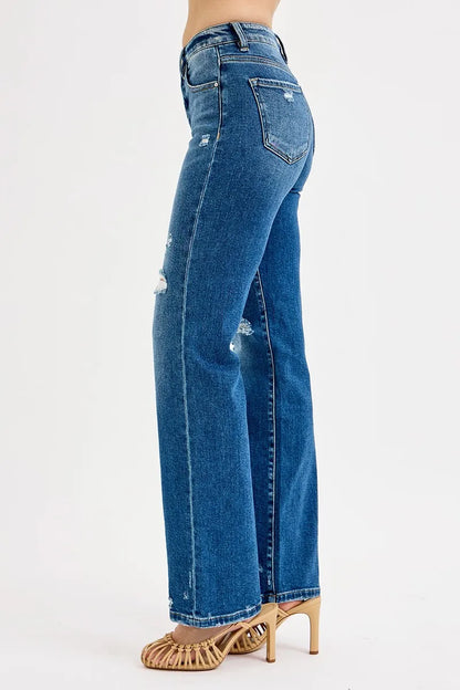 RISEN Full Size Tummy Control High Rise Straight Distressed Jeans Plus Size - Fashorio