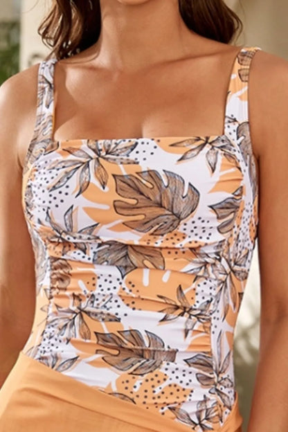 Printed Square Neck Wide Strap One-Piece Swimwear - Fashorio