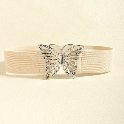 Butterfly Alloy Buckle Elastic Belt Light Yellow One Size - Fashorio