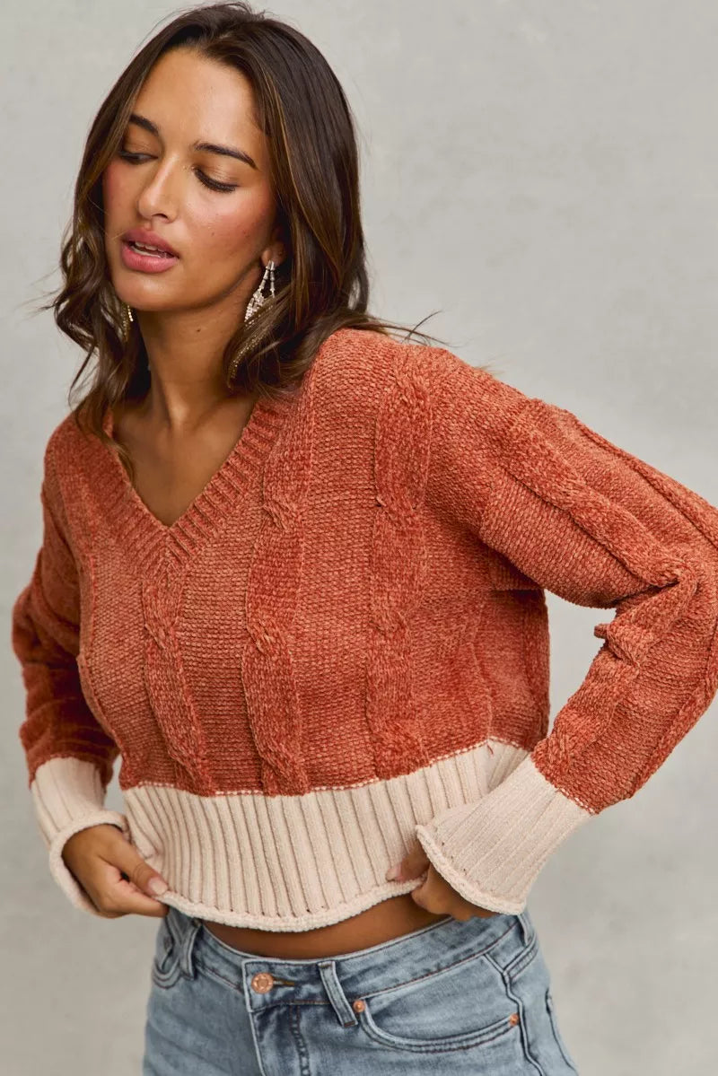 Chenille Cable Knit Cropped V Neck Sweater in Rust back view