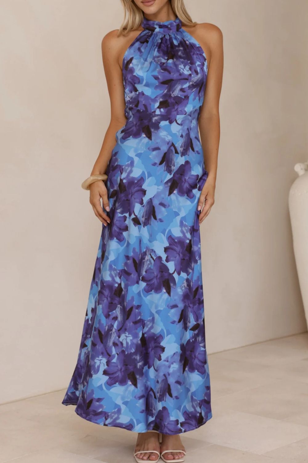 floral halter neck maxi dress with leg slit front view