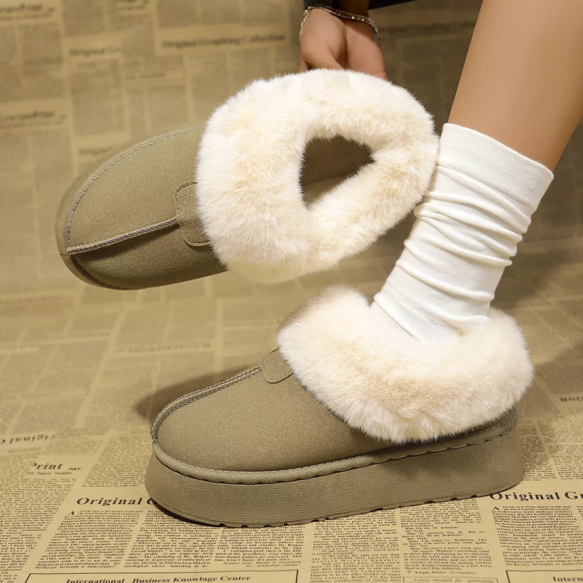 Fuzzy trim platform boots front view