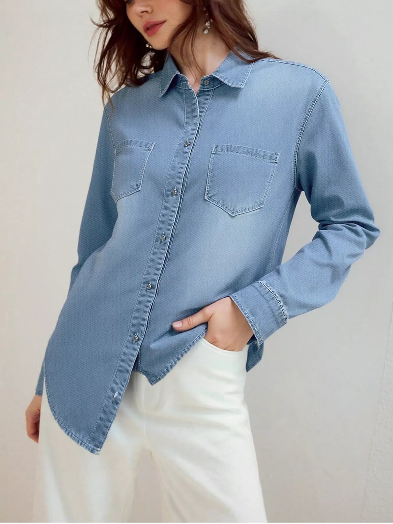 Full Size Button-Up Long Sleeve Denim Shirt Plus Size Blue - Fashorio