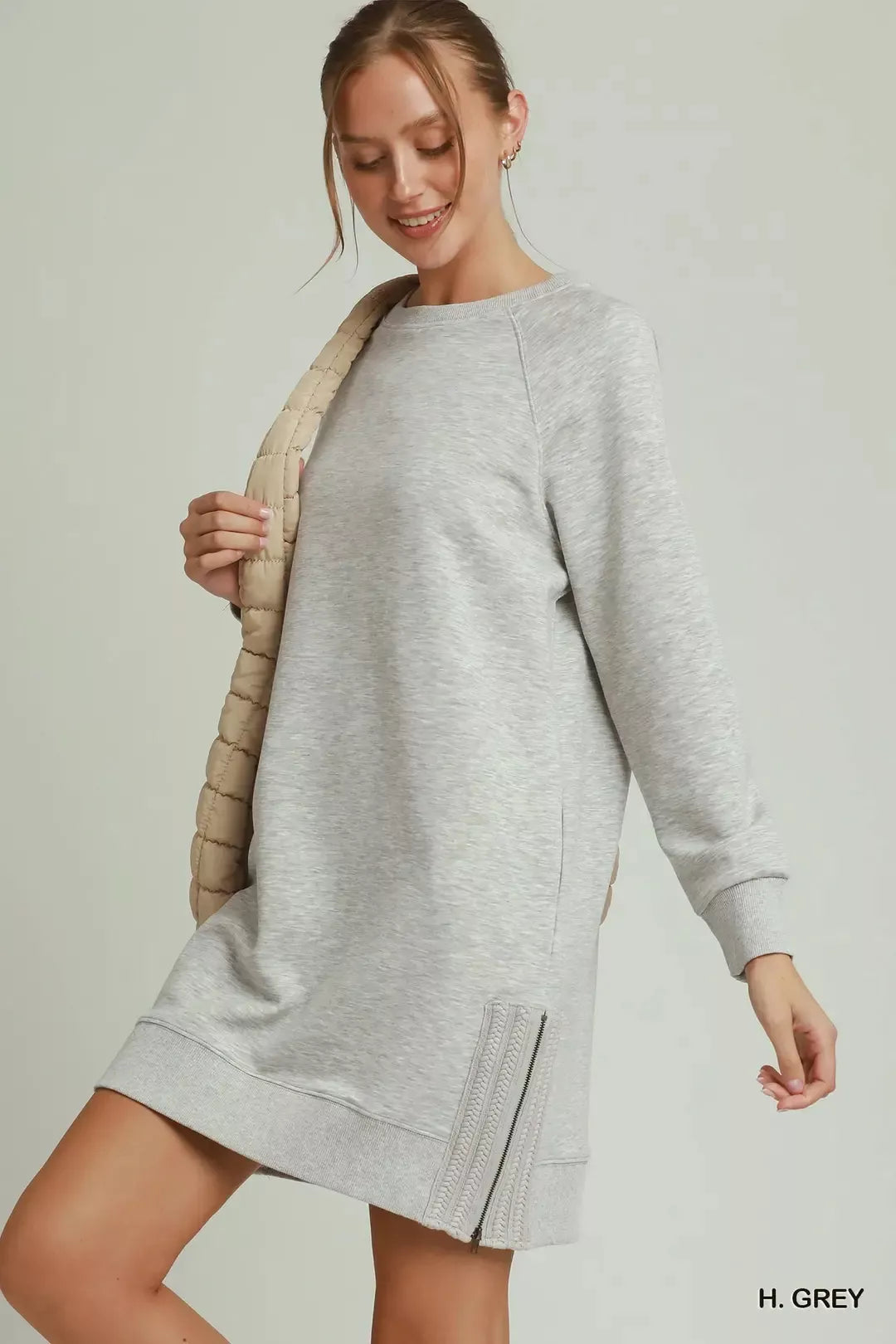 Umgee heather grey sweatshirt dress side view