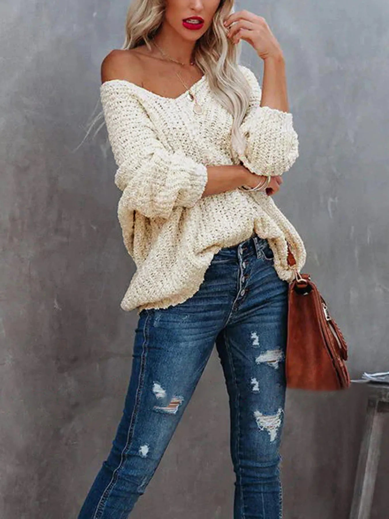 V-Neck Long Sleeve Sweater - Fashorio