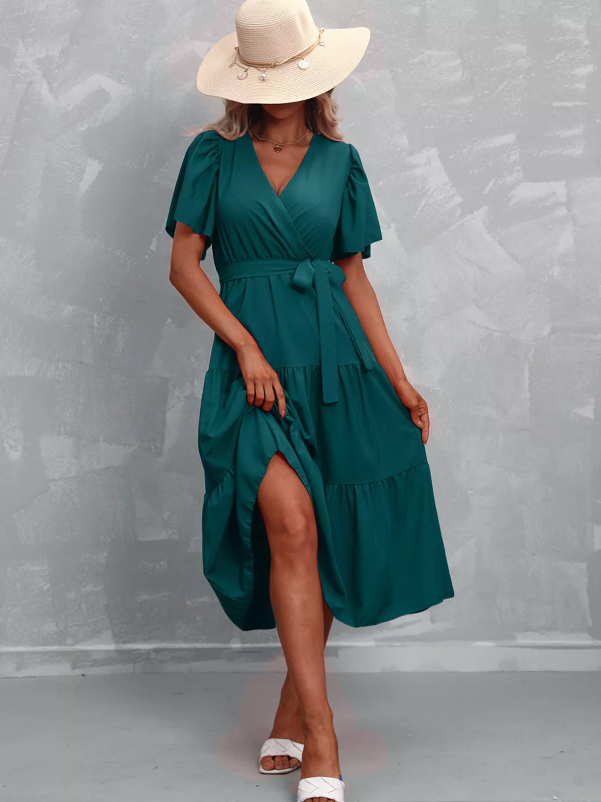 Flutter sleeve tiered midi dress back view