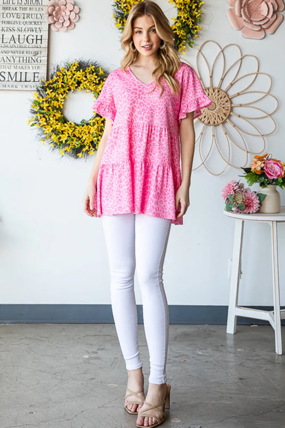 Heimish Full Size Leopard Ruffle Trim Short Sleeve Top - Fashorio