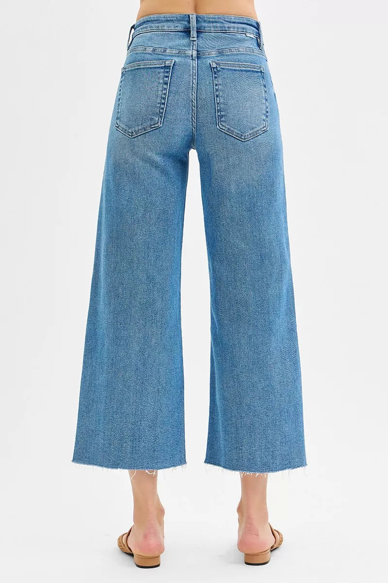 RISEN blue denim cropped wide leg jeans fabric detail