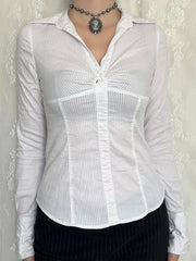 Ruched Striped Collared Neck Long Sleeve Shirt White - Fashorio