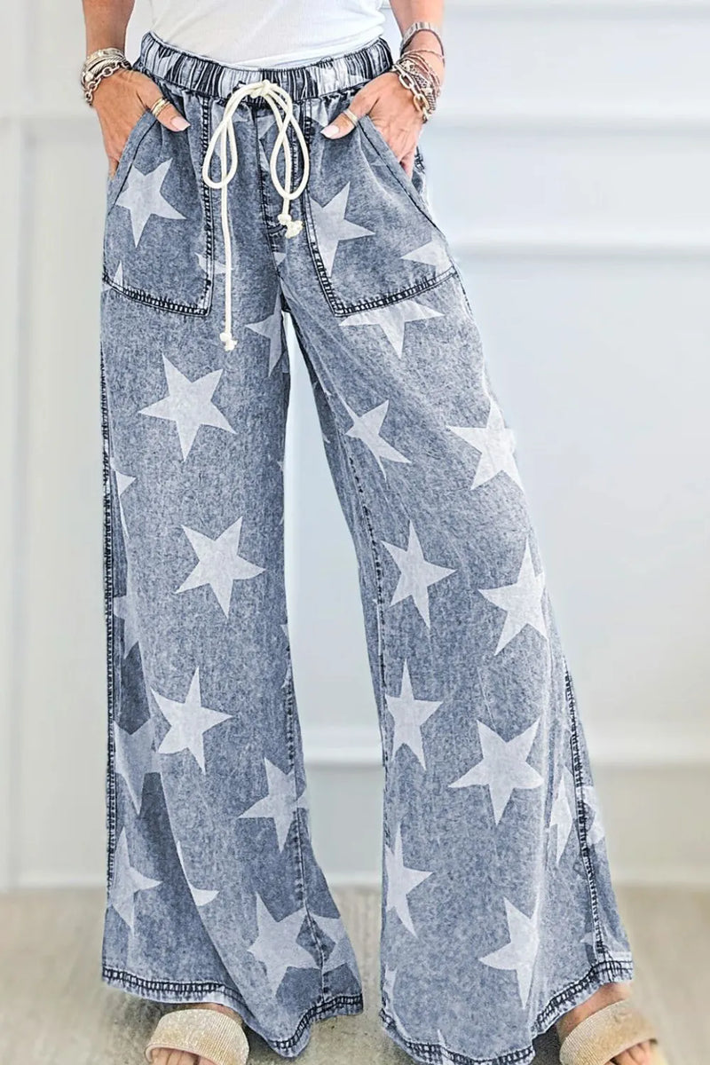 Star print high waist wide leg jeans front view