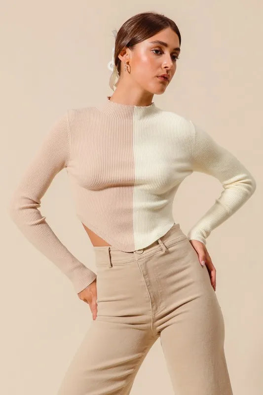 Color Block Fitted Cropped Sweater Top in Taupe and Ivory back view