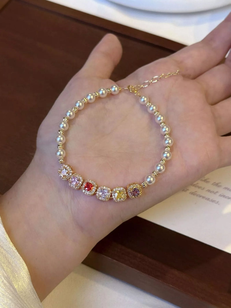 Pearl and zircon gold adjustable bracelet front view