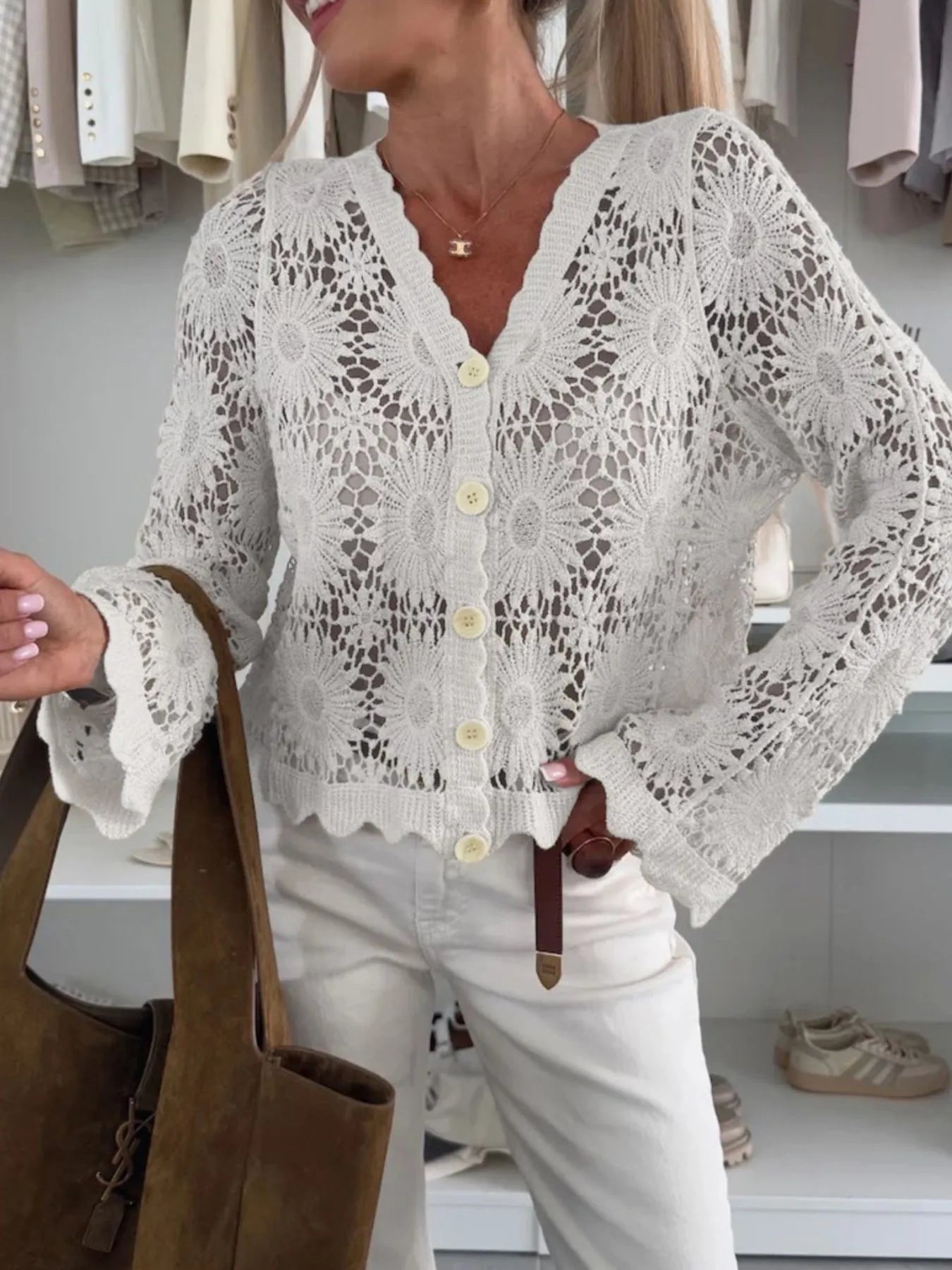 Lace V-Neck Button-Up Cardigan White One size fits all - Fashorio