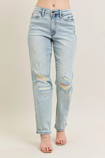Judy Blue Full Size Mr Repair Stitch Detail Destroy Single Cuff Bf Jeans Plus Size - Fashorio