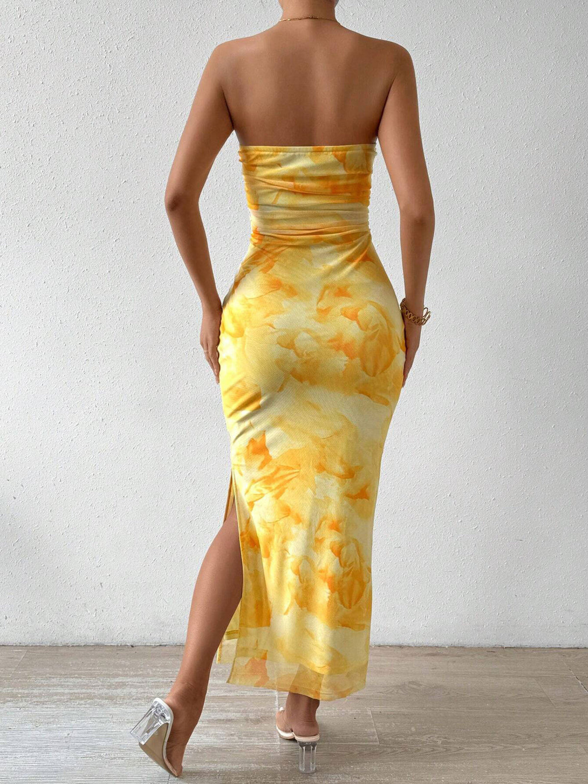 ruched strapless bodycon midi dress side profile