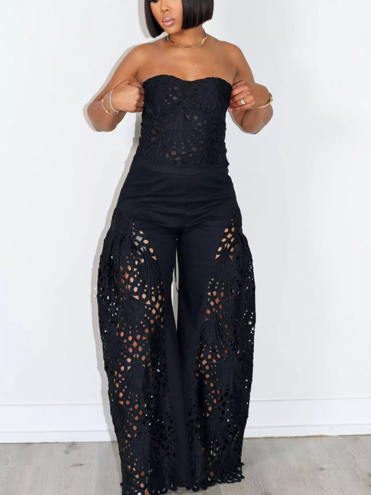 Tube top and pants set styled with heels