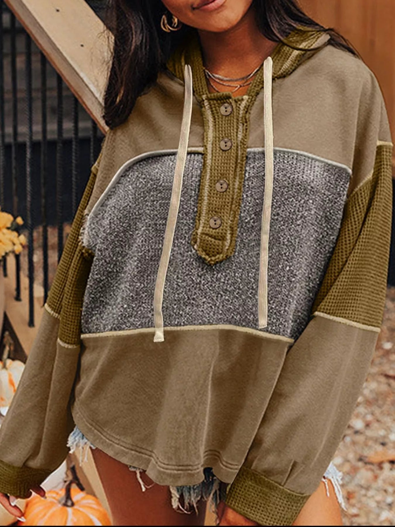 Mixed Texture Patchwork Exposed Seam Half Button Hoodie Olive - Fashorio