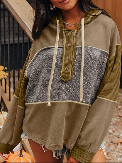 Mixed Texture Patchwork Exposed Seam Half Button Hoodie Olive - Fashorio
