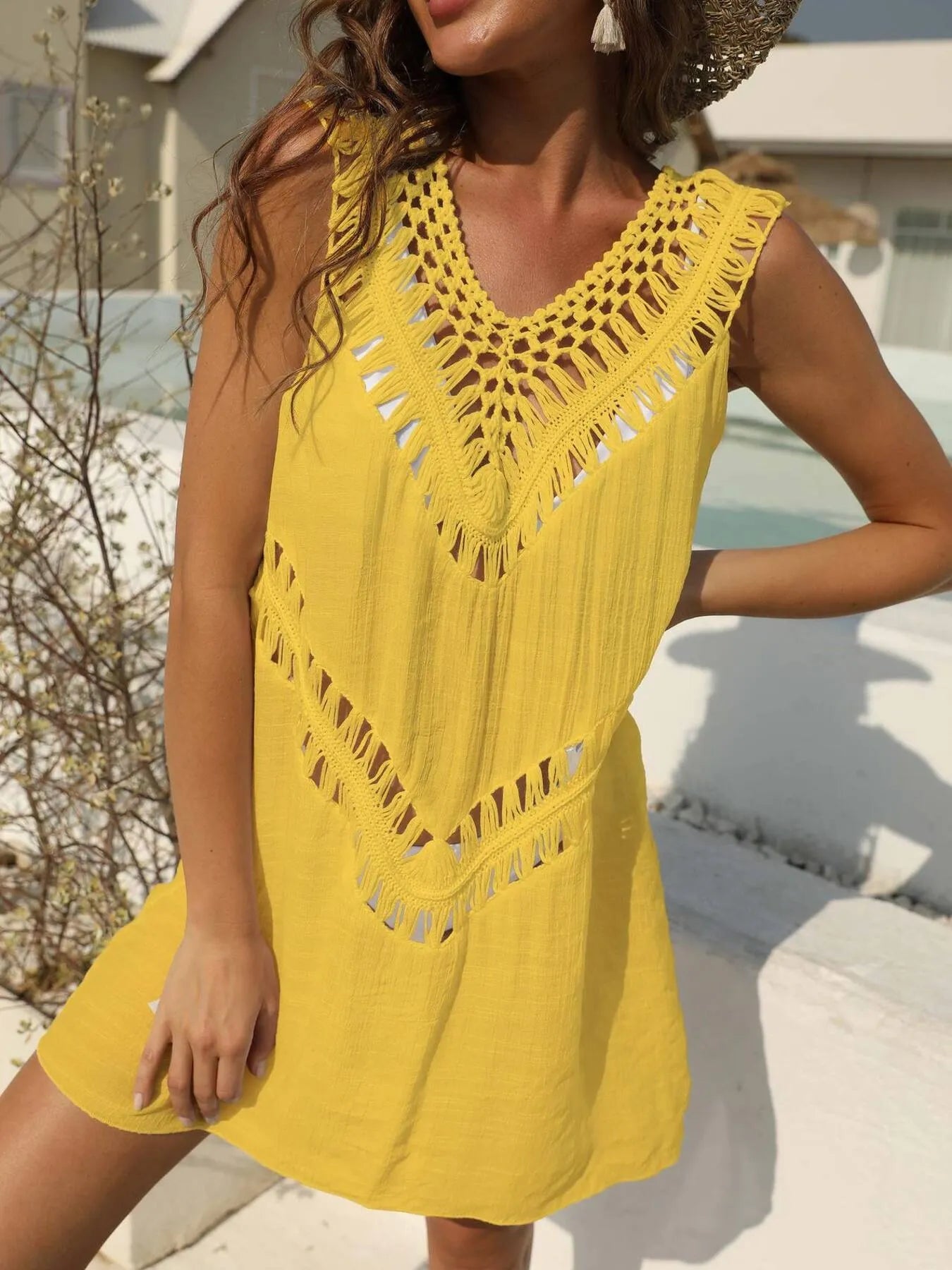 Crochet Detail Beach Cover Up Dress Yellow One Size - Fashorio