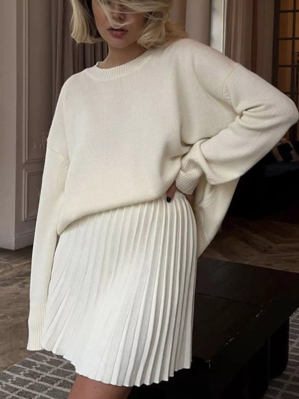 Pleated skirt sweater two piece set side view