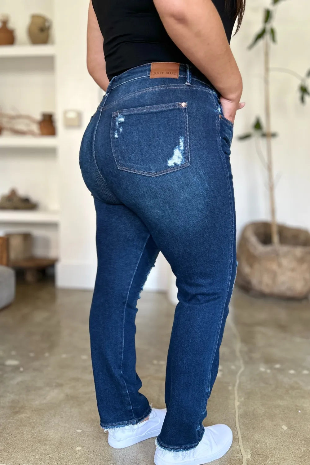Judy Blue Full Size High Waist Rigid Magic Heavy Destroy Straight Jeans - Fashorio