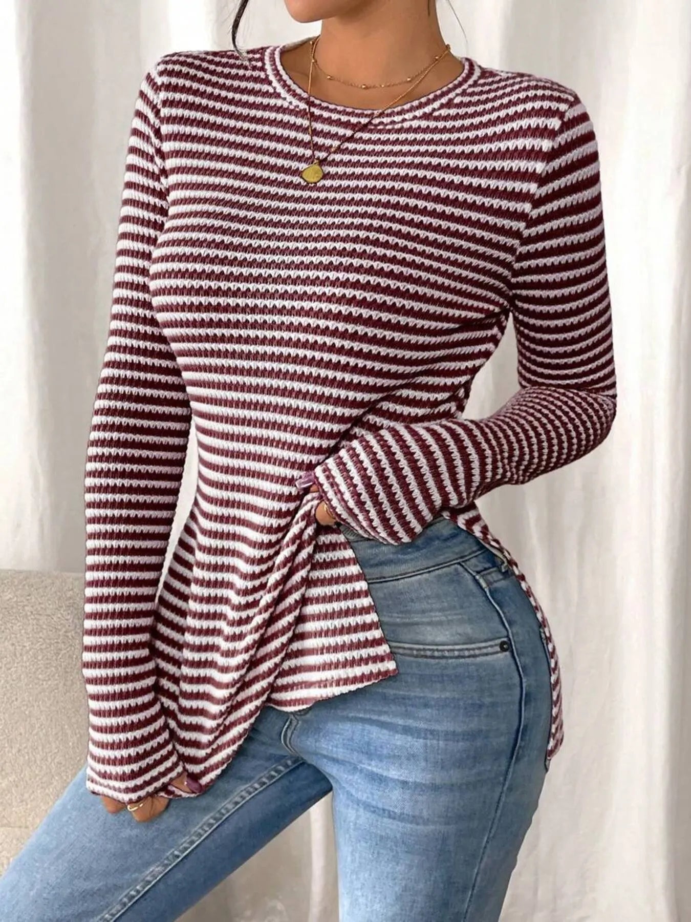 Side Slit Striped Long Sleeve T-Shirt Burgundy - Fashorio
