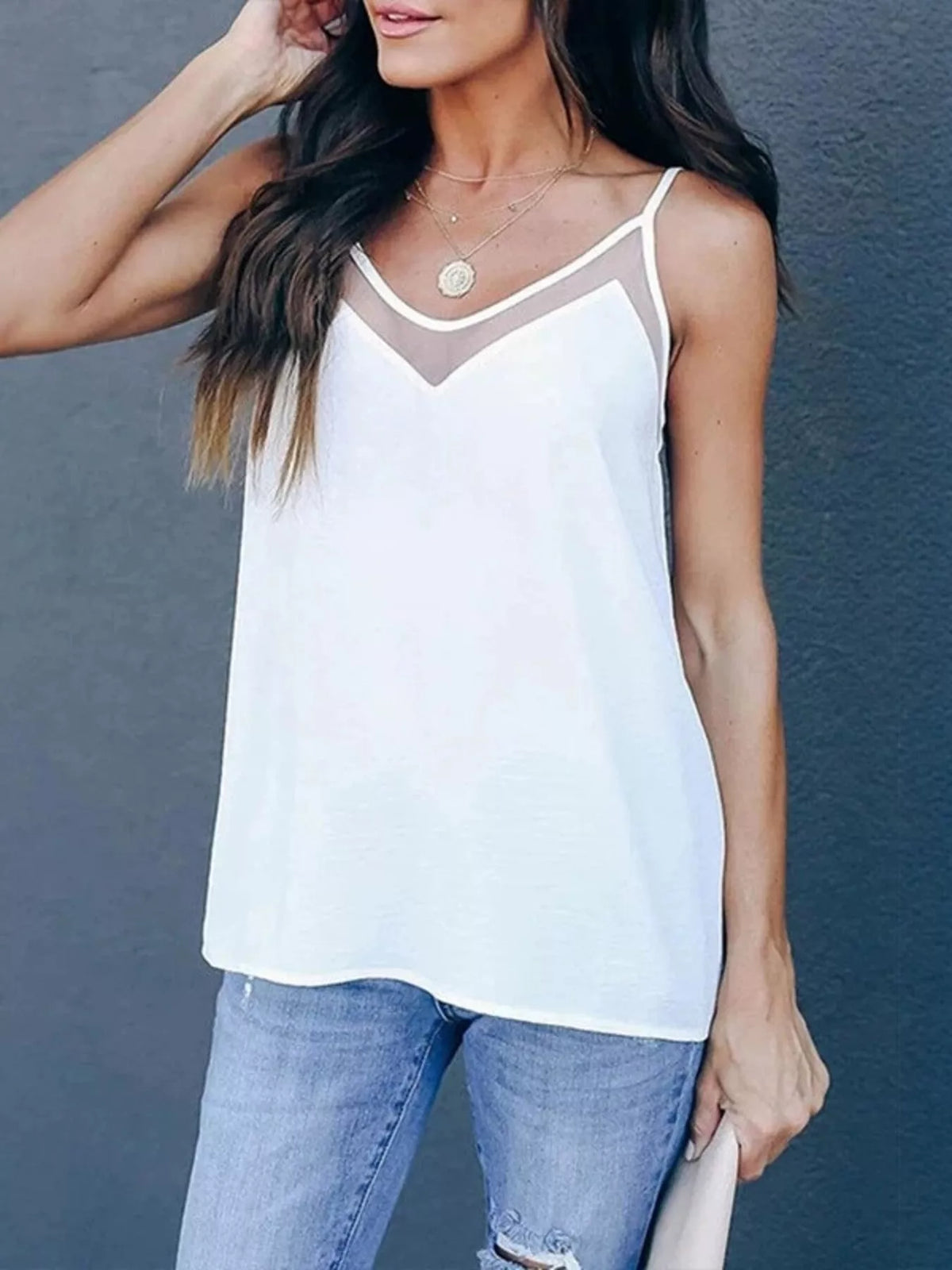 Close up of v-neck cami top fabric