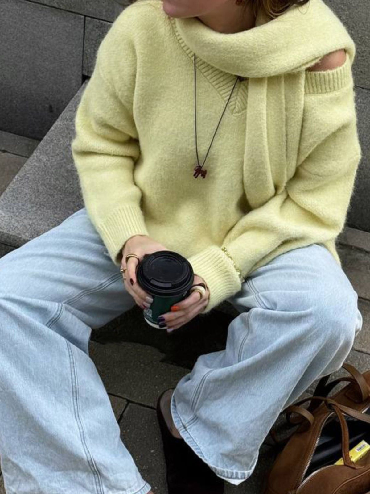Oversized V Neck Dropped Shoulder Sweater with Scarf, view 14