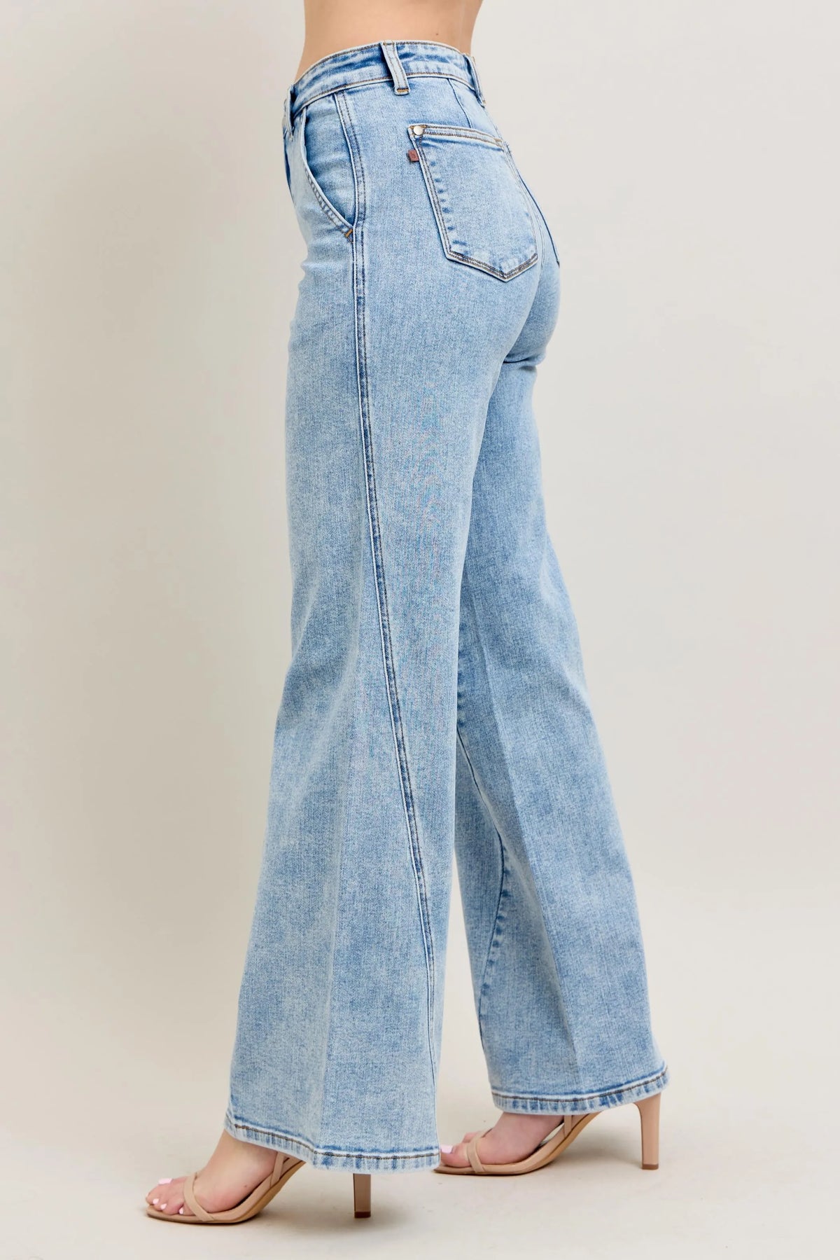 Judy Blue light wash wide leg jeans hem detail