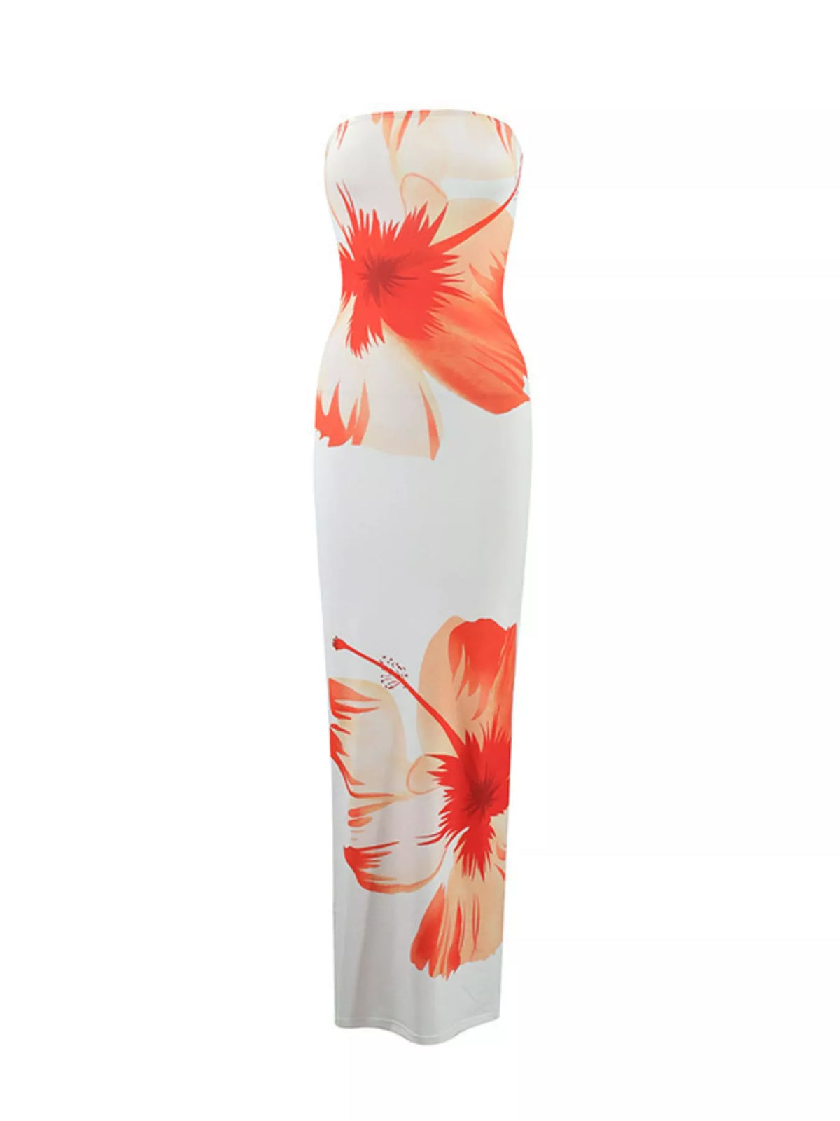 Orange floral strapless bodycon maxi dress full length view
