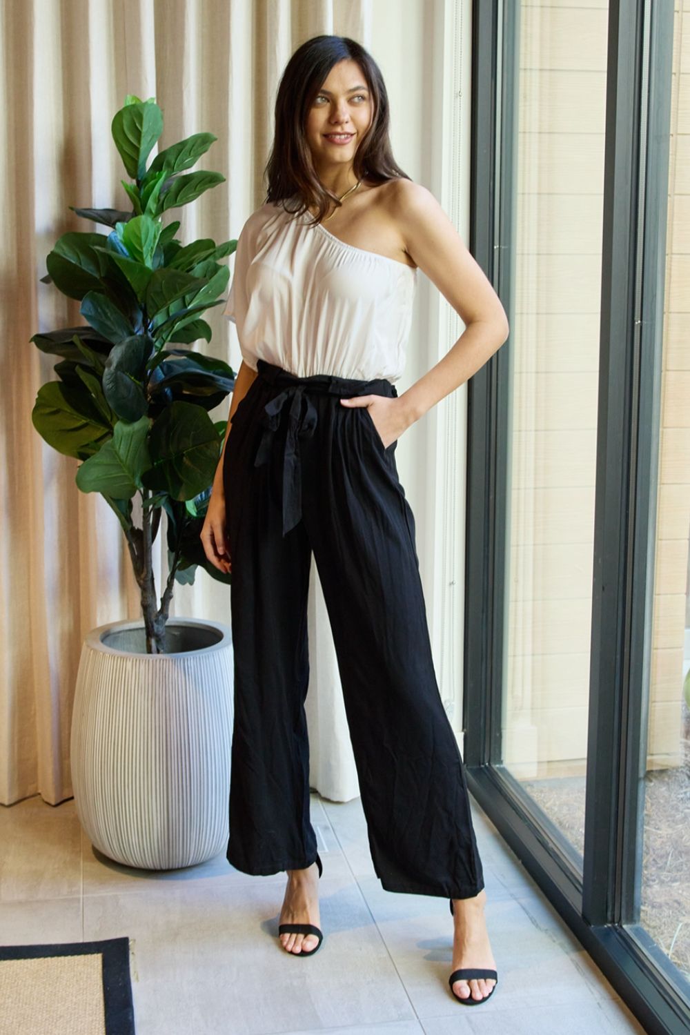 One Shoulder Jumpsuit in White and Black side view