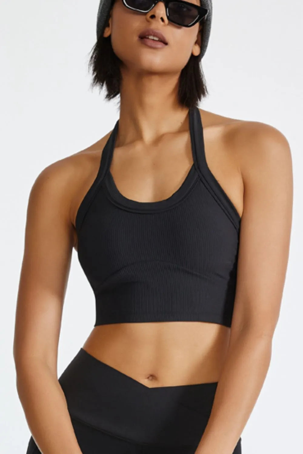 Halter neck active cami styled outfit view