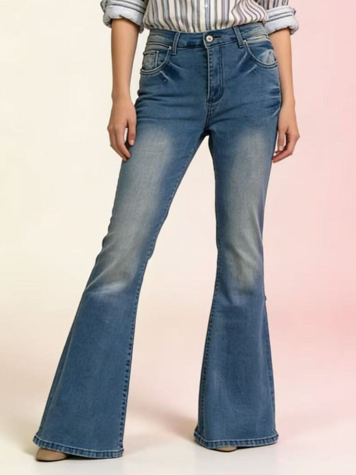 Vintage wash high waisted flare jeans front view