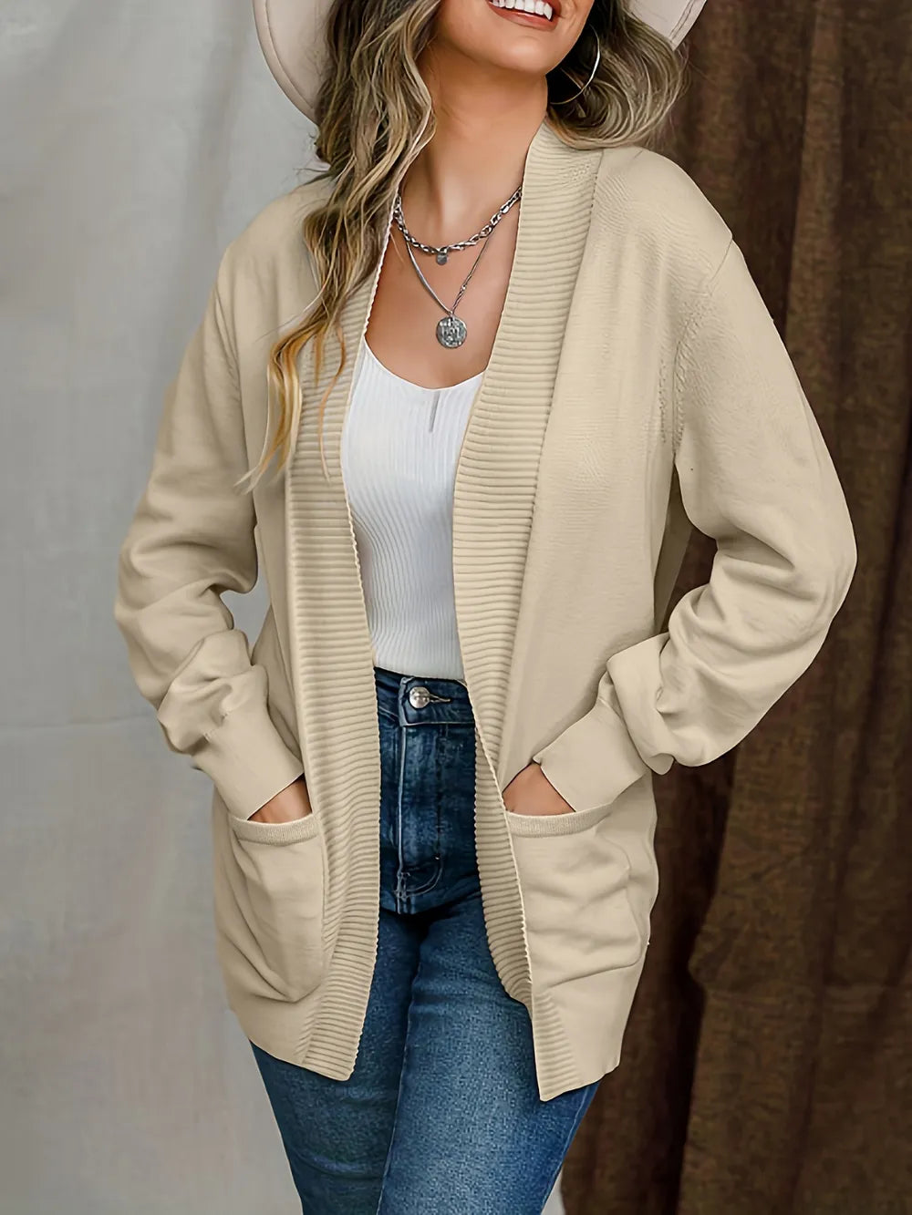 Open Front Long Sleeve Sweater Cardigan - Fashorio