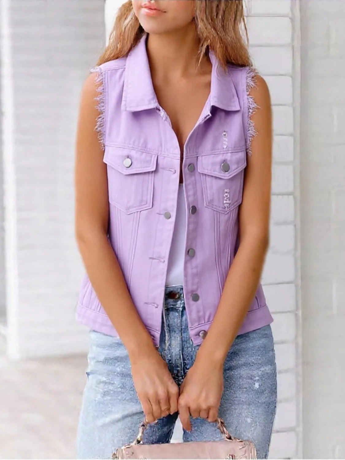 Frayed Denim Vest Plus Size in Blush Pink detail