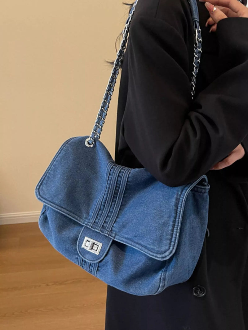 Denim flap chain shoulder bag front view