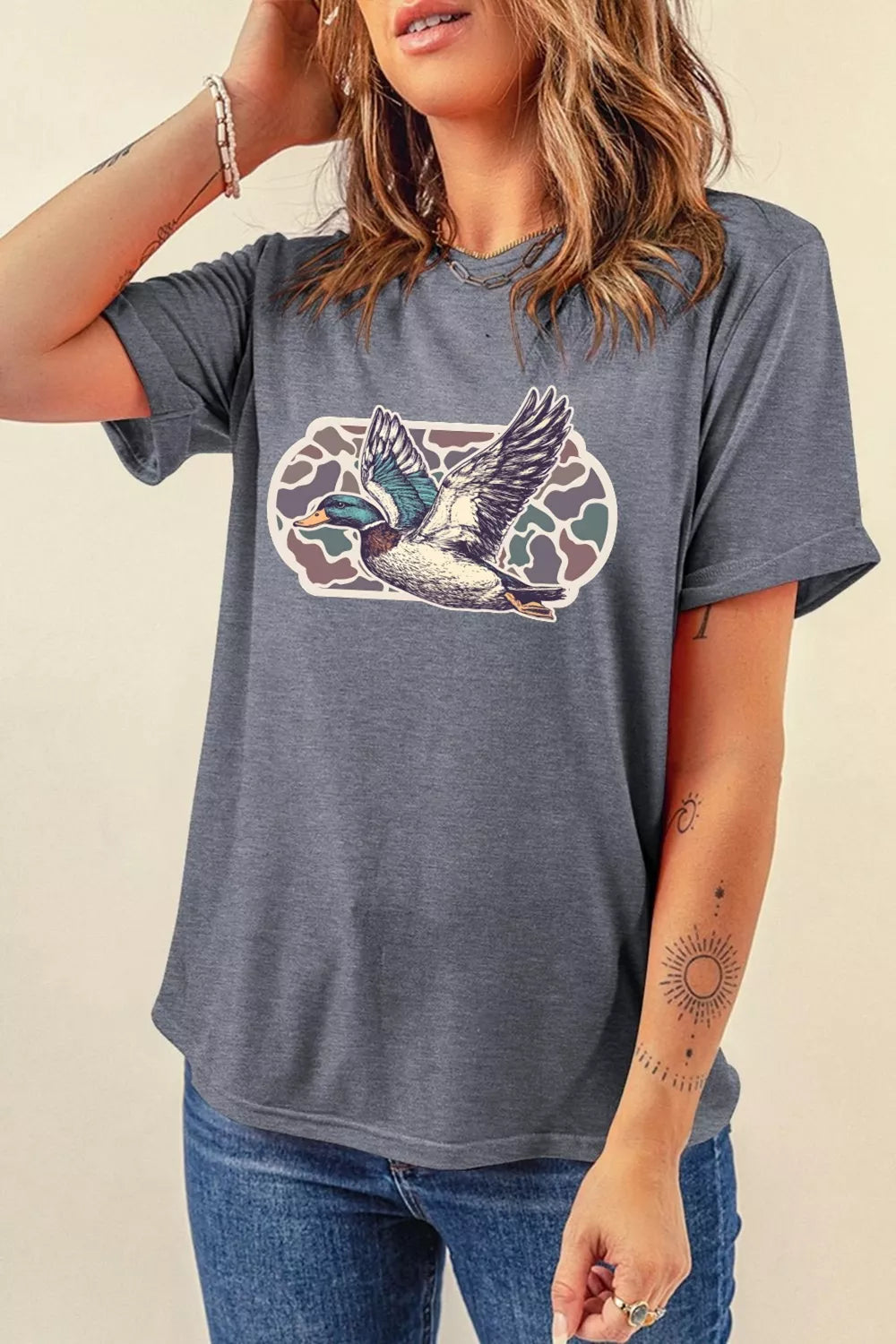 Dark gray graphic round neck short sleeve tee front view