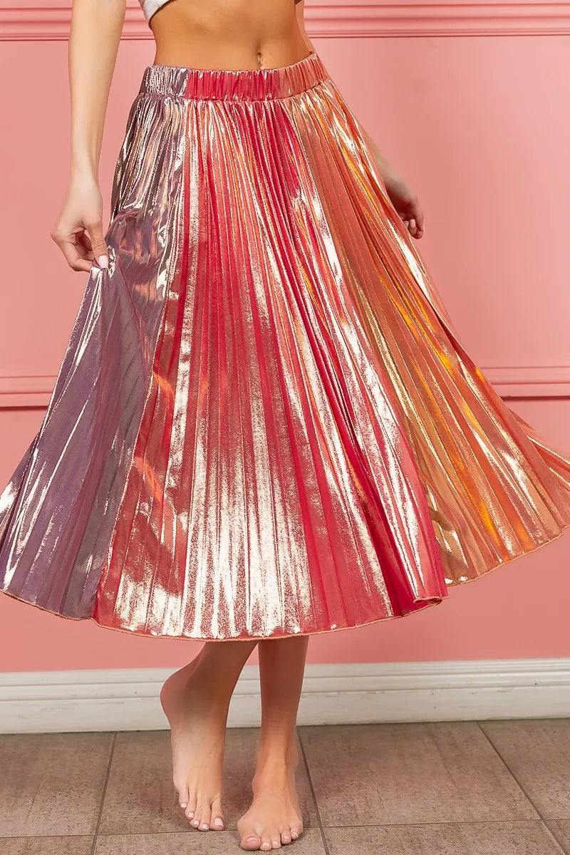 BiBi Metallic Color Block Pleats Midi Skirt - Fashorio
