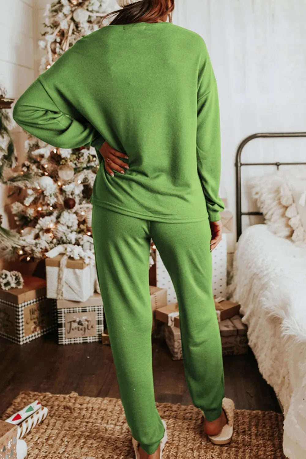 Sequin Socks Round Neck Long Sleeve Top and Pants Lounge Set back view